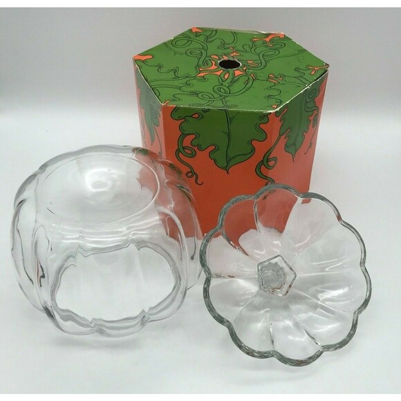 Vintage Clear Glass Halloween Pumpkin Candy Cookie Jar with  Original Box Fall - Picture 6 of 10